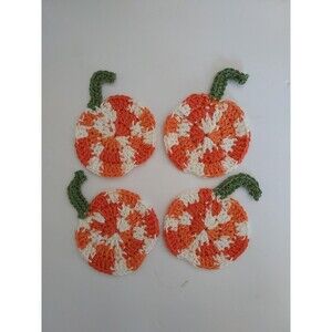 Fall Autumn Pumpkin Crochet Cotton Coasters Set Of 4 Decor Handmade - NEW
